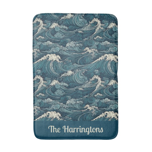 Custom Name Waves Pattern Bath Mat (Front Vertical)