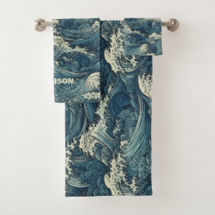 Custom Name Waves Pattern Bath Towel Set