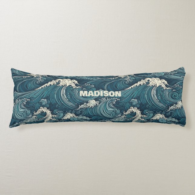 Custom Name Waves Pattern Body Cushion (Front)