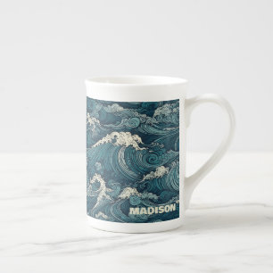 Custom Name Waves Pattern Bone China Mug