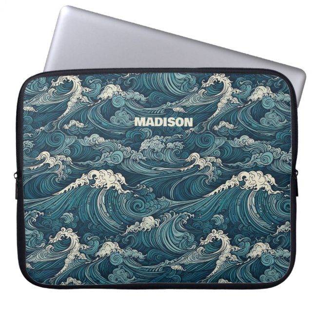 Custom Name Waves Pattern Laptop Sleeve (Front)