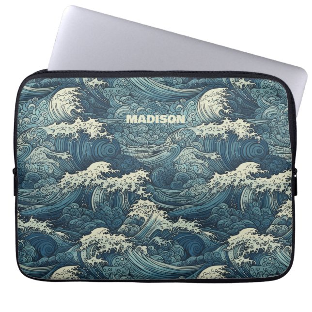 Custom Name Waves Pattern Laptop Sleeve (Front)