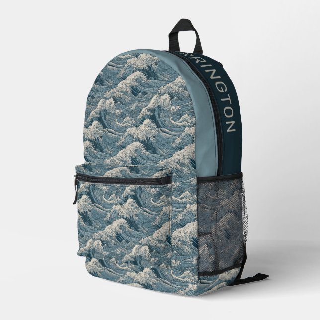 Custom Name Waves Pattern Printed Backpack (Back Corner Right)