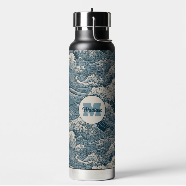 Custom Name Waves Pattern Water Bottle (Left)