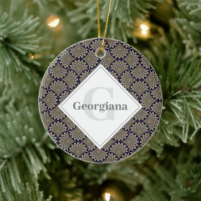 Custom Name We Are Watching You Navy & Gold Deco Ceramic Ornament (Tree)
