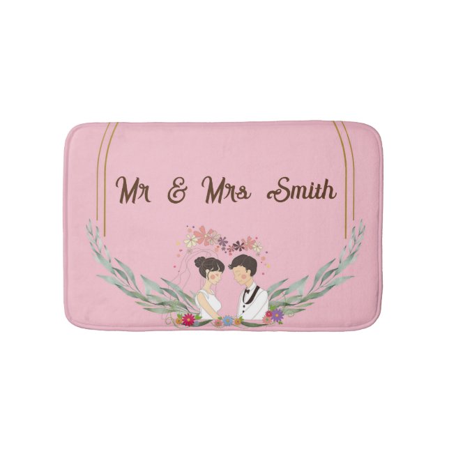 Custom name wedding day on pink bath mat (Front)