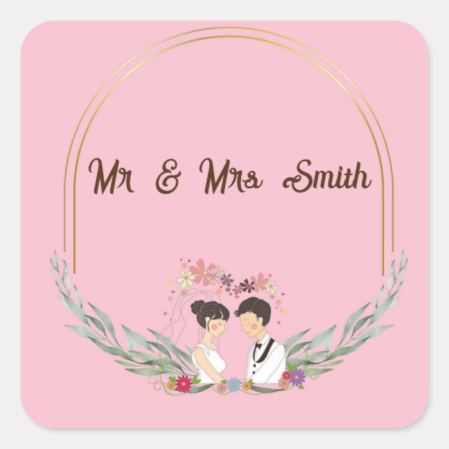 Custom name wedding day on pink square sticker (Front)