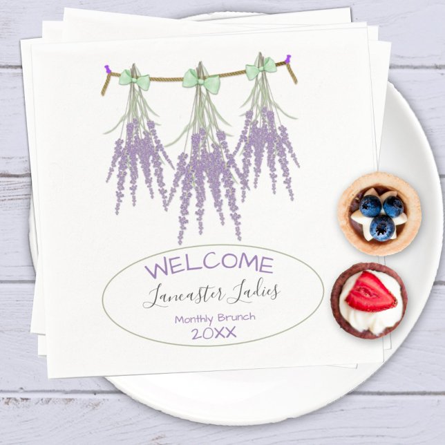 Custom Name Welcome Dried Lavender Bundles Brunch Napkin (standard cocktail design on white napkin)