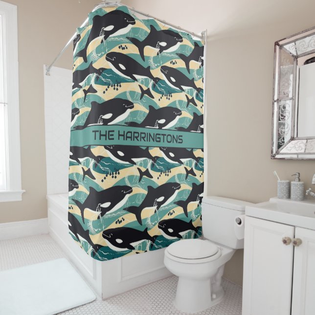 Custom Name Whales Pattern Shower Curtain (In Situ)