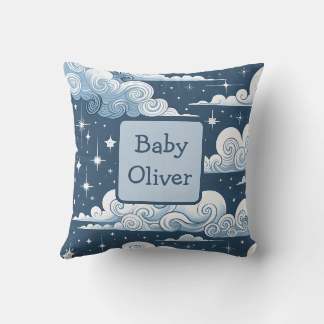 Custom Name Whimsical Blue Celestial Baby Boy  Cushion (Back)