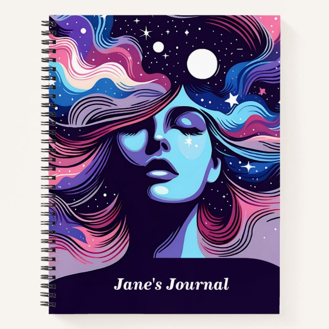 Custom Name Whimsical Cosmic Hair Dreamy Stars Notebook (Front)
