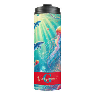 Custom Name Whimsical Floral Coral Reef Poinsettia Thermal Tumbler