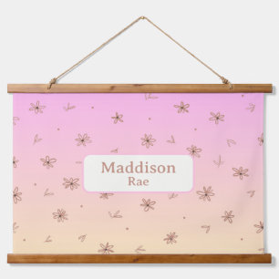 Custom Name Whimsical Nursery Pink Yellow Floral Hanging Tapestry