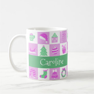 Custom Name Whimsical Pink Xmas Pattern Coffee Mug
