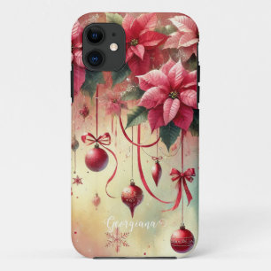 Custom Name Whimsical Poinsettia Christmas Baubles iPhone 11 Case