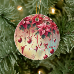 Custom Name Whimsical Poinsettia Christmas Baubles Ceramic Ornament
