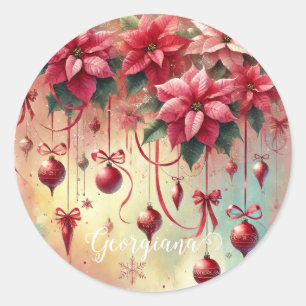 Custom Name Whimsical Poinsettia Christmas Baubles Classic Round Sticker
