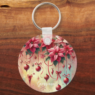 Custom Name Whimsical Poinsettia Christmas Baubles Key Ring
