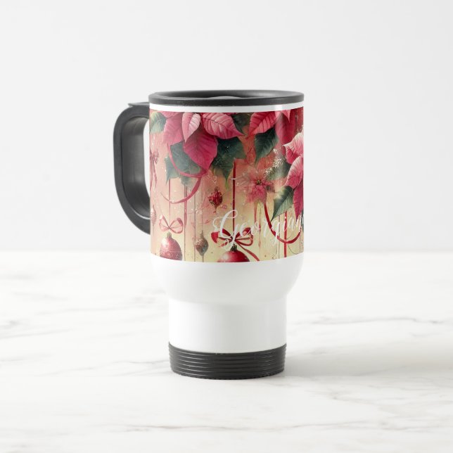 Custom Name Whimsical Poinsettia Christmas Baubles Travel Mug (Front Left)
