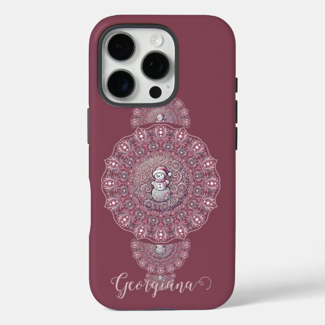 Custom Name Whimsical Snowman Ornamental Mandala Case-Mate iPhone Case (Back)
