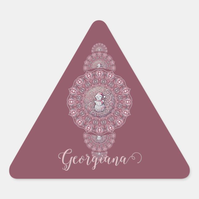 Custom Name Whimsical Snowman Ornamental Mandala Triangle Sticker (Front)