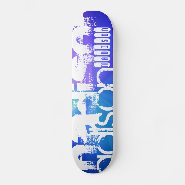 Custom Name; White & Abstract Purple, Green, Blue Skateboard (Front)