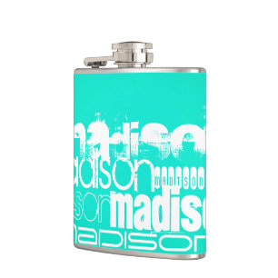 Custom Name, White and Neon Aqua Turquoise Hip Flask