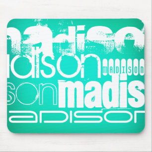 Custom Name, White and Neon Aqua Turquoise Mouse Pad