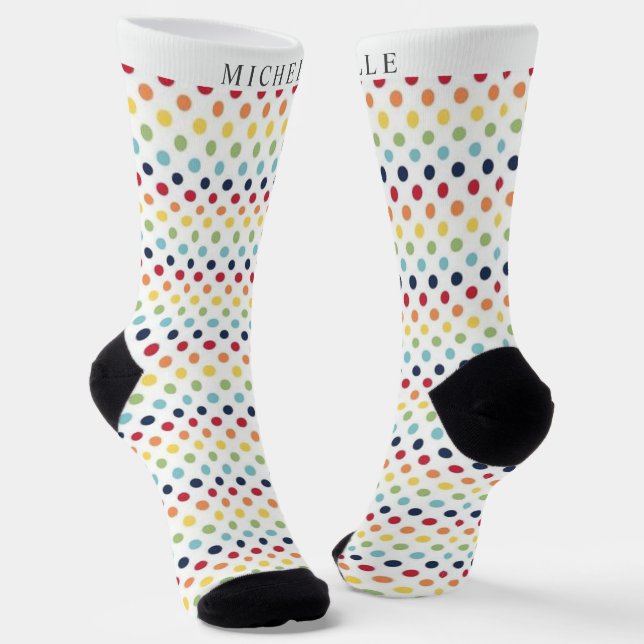 Custom Name White Blue Rainbow Green  Polka Dot Socks (Angled)