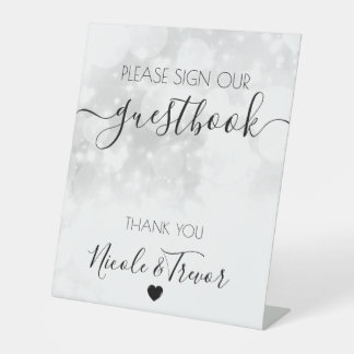 Custom Name White Bokeh Calligraphy Sign Guestbook