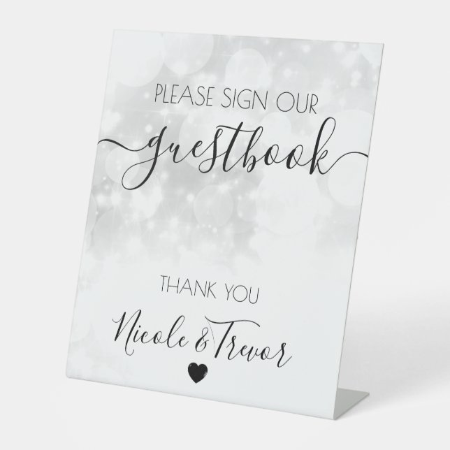 Custom Name White Bokeh Calligraphy Sign Guestbook (Front)