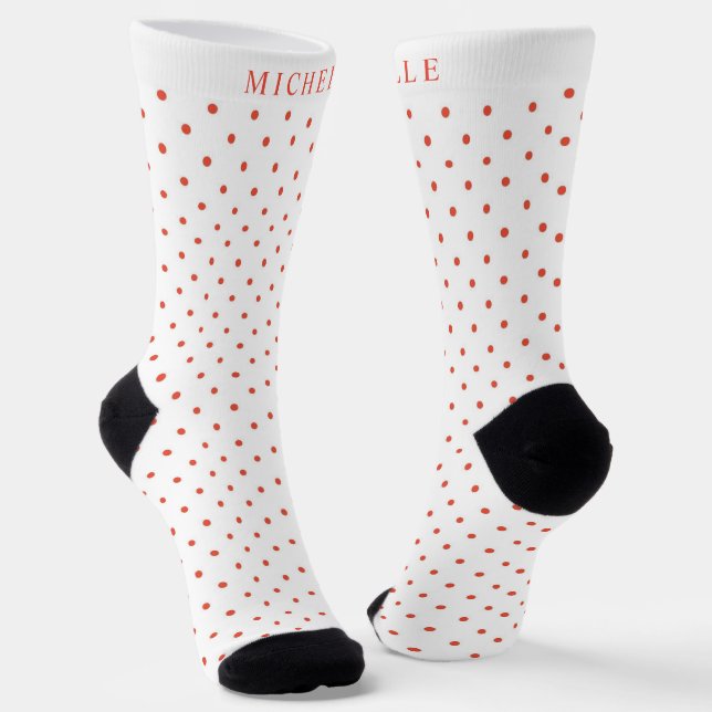 Custom Name White Deep Orange Red Polka Dot Socks (Angled)