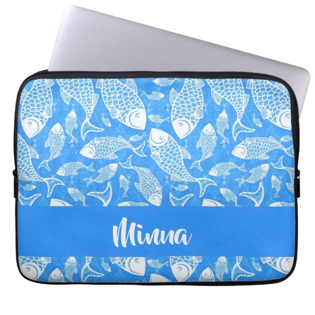 Custom name white fish laptop sleeve (Front)