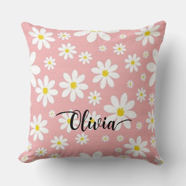 Custom Name White Floral Background Throw Pillow (Front)