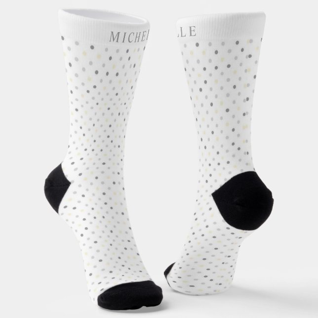 Custom Name White Light Dark Grey Polka Dot Socks (Angled)