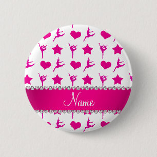 Custom name white pink gymnastics stars hearts 6 cm round badge