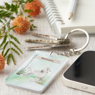 Custom Name White Poodle Pet Dog Key Ring