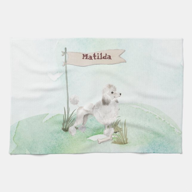 Custom Name White Poodle Pet Dog Tea Towel (Horizontal)