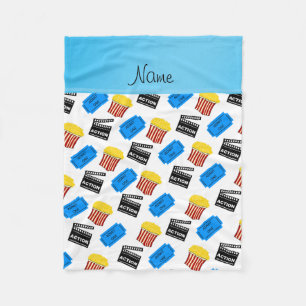 Custom name white popcorn movie ticket action sign fleece blanket