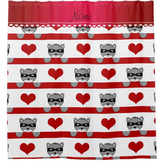 Custom name white raccoons red hearts stripes shower curtain (Front)