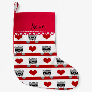 Custom name white raccoons red hearts stripes small christmas stocking