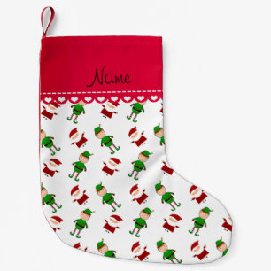 Custom name white santa elves small christmas stocking
