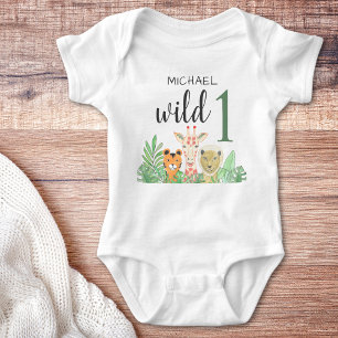 Custom Name Wild One Jungle Animals Greenery Baby Bodysuit