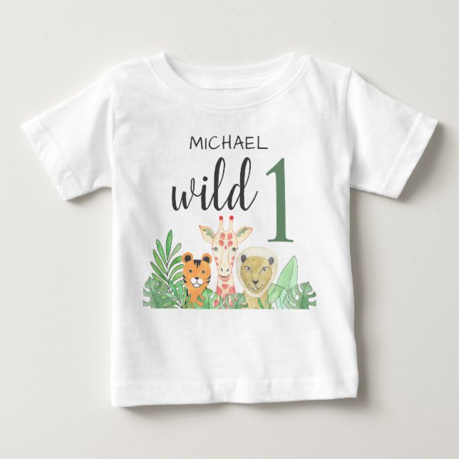 Custom Name Wild One Jungle Animals Greenery  Baby T-Shirt (Front)