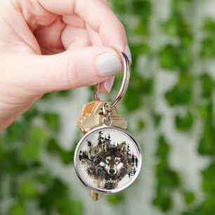 Custom Name Wild Watercolor Wolf Head Key Ring