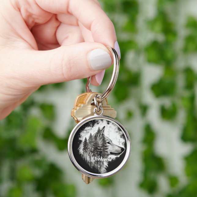 Custom Name Wilderness Wolf Head Key Ring (Hand)