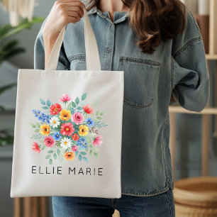 Custom Name Wildflower Floral Bridal Party Gift Tote Bag