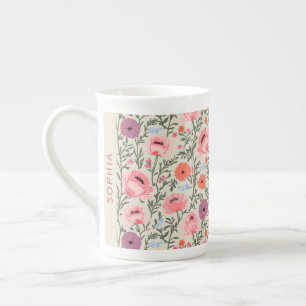 Custom Name Wildflower Floral Cottagecore Personal Bone China Mug