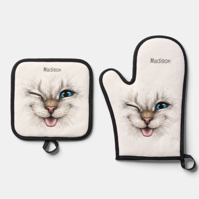 Custom Name Winking Cat Oven Mitt & Pot Holder Set (Front)