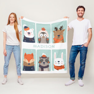 Custom name Winter Animals fleece blanket